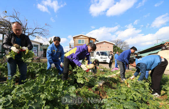 포항제철소 생산기술부 직원들이 해오름 지역아동센터 텃밭 일손돕기 봉사활동을 하고 있다(포항제철소 제공)